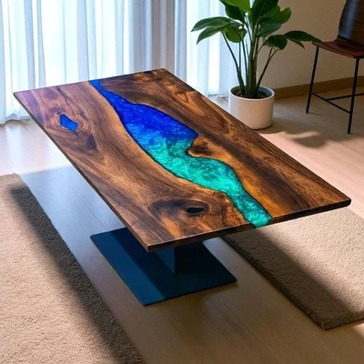 Blue Epoxy & Natural Wood  Tabletop – 48" x 30" Wooden Elegance Statement Decor - Image 1 of 4