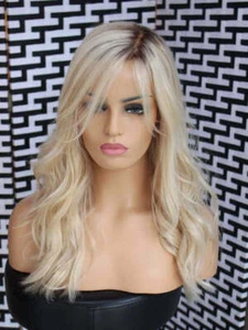 18" Ombre Blonde Wavy Human Lace Front Wigs 2 Tones 100% Human Hair Pre Plucked - Picture 1 of 9
