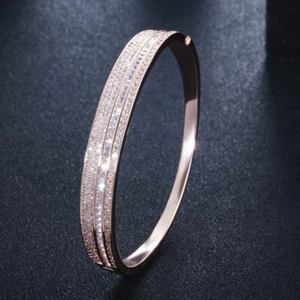 Elegant Rose Gold Plated Bangle Cuff Bracelet Cubic Zirconia Women Bride Jewelry - Picture 1 of 13