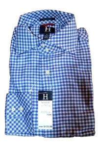 $135 NWT H By HILFIGER Blue gingham check spread collar M cotton dress shirt - Picture 1 of 7