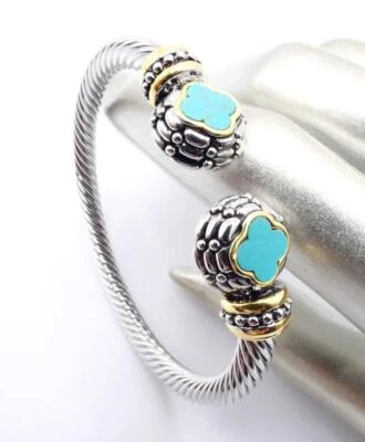 独特 18 克拉镀金电缆圆点纹理绿松石三叶草花朵袖口手链 — 第 1/4 张图片