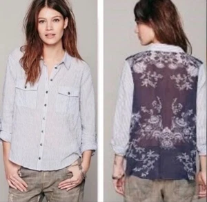 Free People Party im Rücken gestreift transparent Blumen Shirt Bluse Top Knopf Gr. M - Bild 1 von 10
