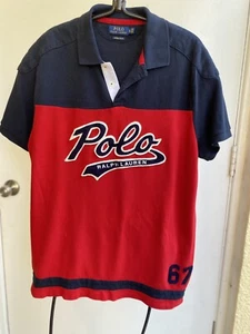 POLO RALPH LAUREN 67 LOGO CUSTOM SLIM FIT BLUE RED MENS POLO SHIRT SZ S/P - Picture 1 of 4