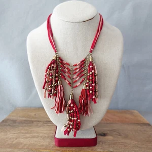 Mia Necklace Choker Faux Leather Tassel Beaded Statement Boho - Picture 1 of 7