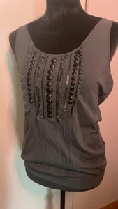 THE LIMITED WOMENS SIZE M GRAY BEADED RUFFLE SHEER TANK TOP SCOOP NECK - Picture 1 of 5