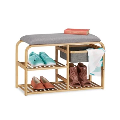 Schuhbank Schuhregal mit Sitzfläche Garderobenbank Bambussitzbank gepolstert - Bild 1 von 4