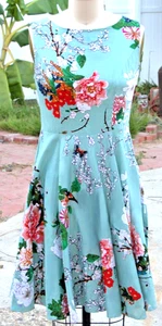 Vestido Columpio Patinador Corto Floral Azul Sin Mangas Cuello Barco M - Imagen 1 de 4