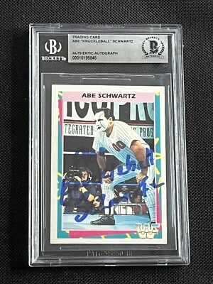 ABE “KNUCKLEBALL” SCHWARTZ 1995 MERLIN WWF SIGNED AUTOGRAPHED CARD BAS AUTHENTIC - Image 1 of 2