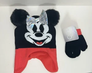 Disney Minnie Mouse Hat and Glove Set Toddler Pom Poms and Bow New - Picture 1 of 3