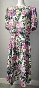 Vintage 80’s Lisa II Floral Puffy Sleeve Pleated Waist Midi Dress Size 16 XL/L - Picture 1 of 5