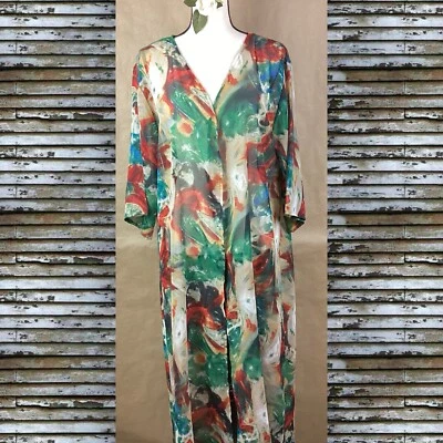 Cárdigan Largo Turquesa Haven Boho Kimono OS Vibrante Abstracto Abierto Transparente Plumero Foto 1 de 4