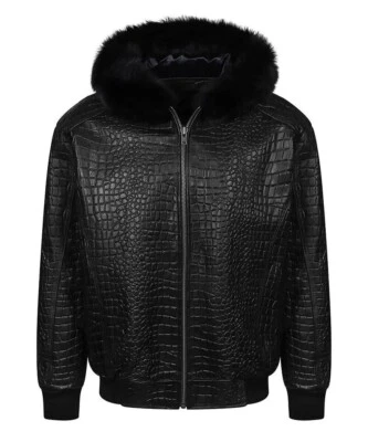 Men genuine Lambskin Alligator crocodile Pattern leather Fur Hood Jacket  - Image 1 of 4