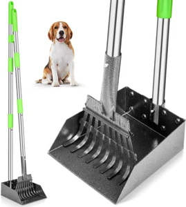 Pooper Scooper, Dog Pooper Scooper Long Handle Stainless Metal Tray and Rake for - Picture 1 of 7