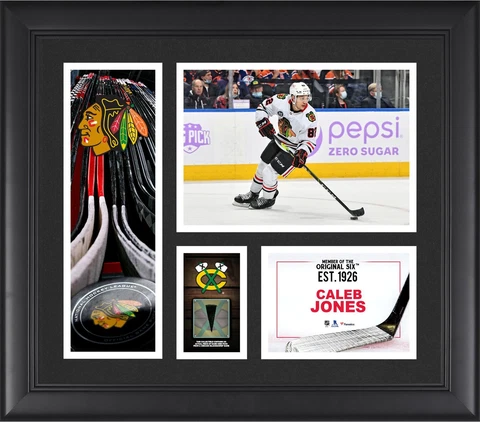 Caleb Jones Blackhawks FRMD 15" x 17" Player Collage with a Piece of GU Puck Cover