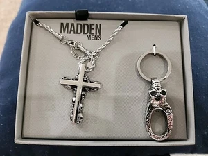 Steve Madden Men's Jewelry Set Cross Necklace Skulls Stainless Steel Key Chain - Picture 1 of 6