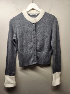 Northland cropped Cardigan size m/L wool blend Grey cream knit trim - Picture 1 of 10