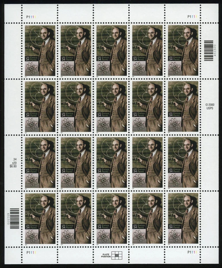 SFSTAMPS US Scott 3533 Enrico Fermi Sheet of 20 Stamps 34¢ MNH 2001 - Image 1 of 1