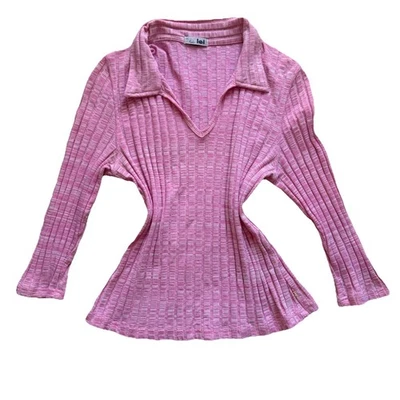 Vtg Y2K LEI Collared Shirt Pink Ribbed Coquette M Bella Swan Preppy Indie Sleaze - Image 1 of 4