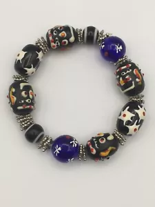 Vintage Murano Lampwork Black Head Bead Blue Bead  Glass Crystal Bracelet - Picture 1 of 4