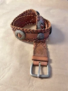VINTAGE BRAIDED WOVEN CONCHO BELT BROWN LEATHER WESTERN SIZE S - Picture 1 of 5