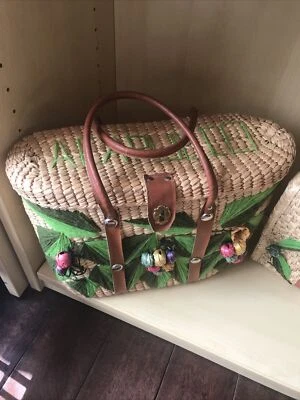 Bolso de Mano Acapulco Tejido Bordado Paja Picnic Playa Asas de Cuero de Mimbre Foto 1 de 4
