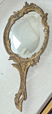 MIROIR FACE A MAIN ANCIEN MONTURE EN BOIS DORE - Photo 1/4