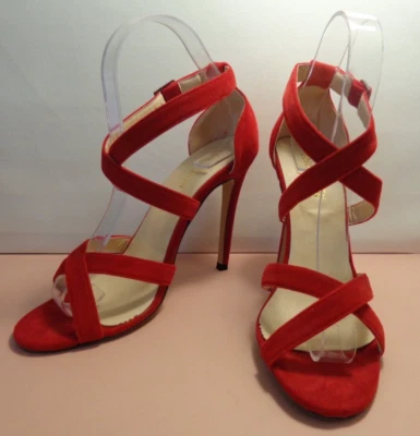 loslandifen💗Sexy Red Faux Suede Double Criss Cross 4.25" Hi Heel Shoes💗Sz 7/38 - Image 1 of 4