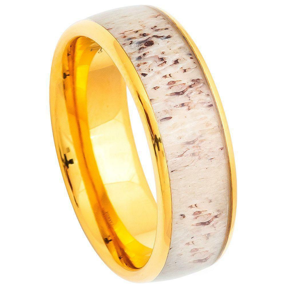 8mm Mens Yellow Gold Tungsten Carbide Real Deer Antler Inlay Wedding Band Ring 