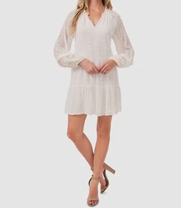 $139 Cece Women's White Shift Long Sleeve Eyelet Tiered A-line Dress Size M - Picture 1 of 1