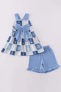 Girl's Blue Sailboat Checkered Short 2 Piece Set Sibling Matching Summer Cruise - Picture 1 of 10