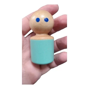 Wood Toy Figurine Magnetic Blue Eyes Natural Wood Top Green Paint Base Bald  - Picture 1 of 5