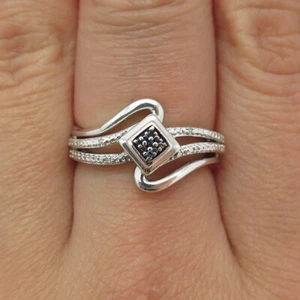 JANE SEYMOUR 925 Sterling Silver Real Blue & White Diamond Bypass Ring Size 6.5 - Picture 1 of 9