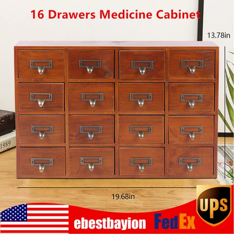 16 Drawers Wood Apothecary Medicine Cabinet Label Holder Organizer Storage Box Cover