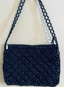 Beautiful "The Sak" Black Wood Beaded Handbag with Wood Beaded Strap - Picture 1 of 10