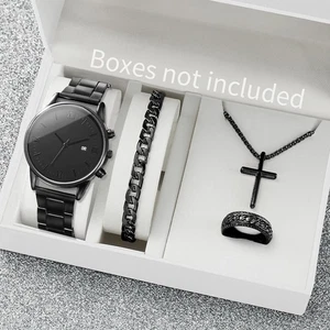4er Set Herren Uhren Schwarz Quarz Uhr Schmuckset Modisch Business Geschenkset - Bild 1 von 5