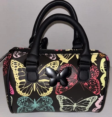 BETSEY JOHNSON Mini Barrel Bag Purse LBHARLEY Black Multicolor Butterflies - Image 1 of 4