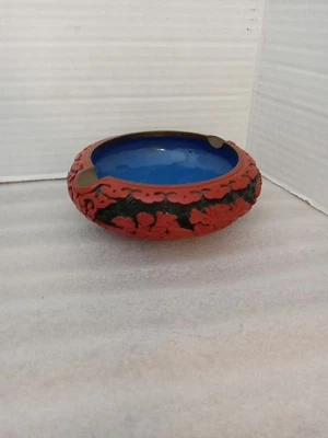 Vintage Chinese Cinnabar Red Lacqure Over Brass Base. Blue Inside Ashtray 4 Inch - Image 1 of 4