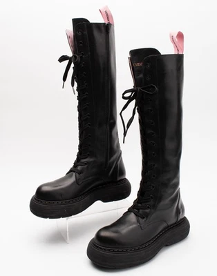 RRP€345 PINK MEMORIES Leather Knee High Combat Boots US9 UK6 EU39 Black - Image 1 of 4