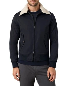 MJ Bale Denman Jacket in Navy/Ecru, Detachable Shearling Collar, Size S - Picture 1 of 4