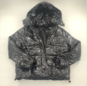 Deluc Puffer Jacket Womens Small Black Glossy Hooded Drawstring Winter Coat - Picture 1 of 6