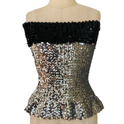 Top tubo peplum lentejuelas plata negro años 70 Toppettes disco fiesta recorte años 80 de colección Foto 1 de 4
