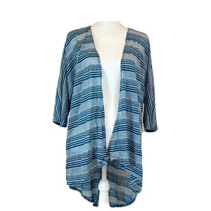 Women’s Lularoe Lindsay Kimono Blue Teal Striped Size Medium 10 18 - Picture 1 of 6