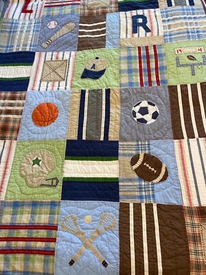 Pottery Barn Kids Patchwork Sports Quilt Blue Multicolor Heavy Full/Queen - Image 1 of 4