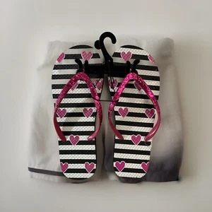 Pink Hearts & Glitter Strap with BL/WH Stripes FLIP FLOPS for Women Size XL 4-5 - Picture 1 of 9