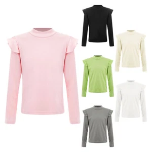 Kids Girls T-Shirt Ruffle Sleeves Tee School Top Stretch Shirts Solid Color - Picture 1 of 61