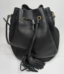 J.Crew Bucket Drawstring Purse, Black, Leather, Gold Hardware, Adjustable Strap - Picture 1 of 19