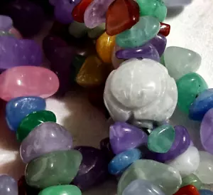 Carved Jade Ball Quartz Amber Agate Carnelian Beads VTG Chip Stones Necklace 32" - Picture 1 of 6