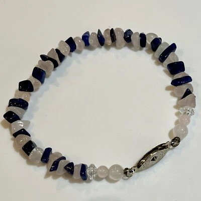 Pulseira feita à mão de quartzo rosa e lápis azul folheada a esterlina 7,50 polegadas - Imagem 1 de 4