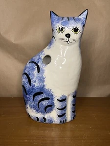 Vintage Ceramic Cat Blue & White Folk Art 12 - Picture 1 of 11