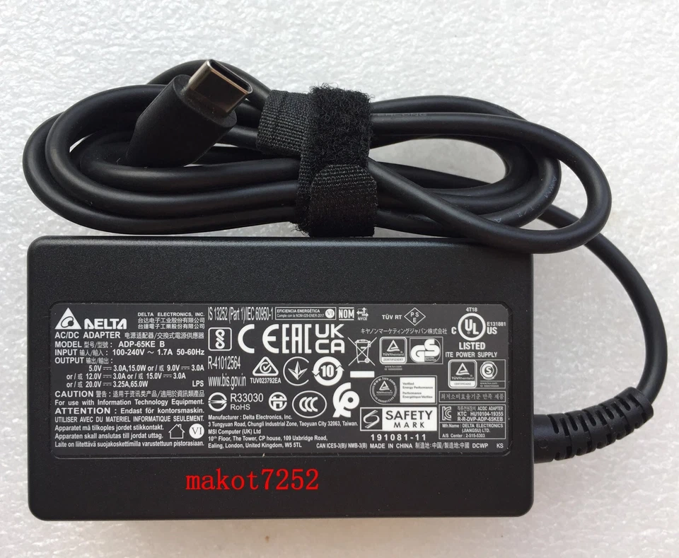 Original Delta ADP-65KE-B 65W 20V 3.25A For MSI Prestige 14Evo A12M-012US Type-C